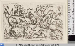 Verschiedene Tiere, darunter ein Greif und ein Elefant