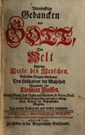 Vernünfftige Gedancken von Gott, Der Welt Und der Seele des Menschen, Auch allen Dingen überhaupt