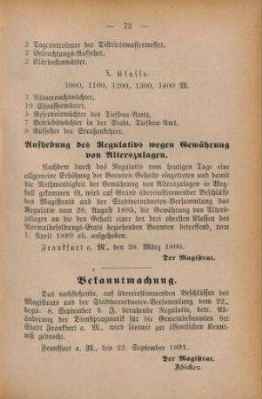 Aufhebung des Regulativs wegen Gewährung der Alterszulagen,