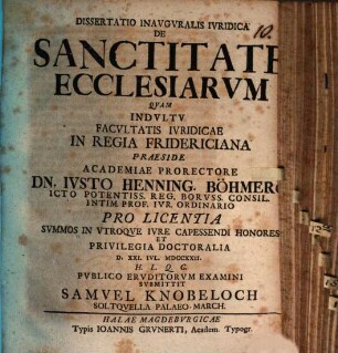 Dissertatio Inavgvralis Ivridica De Sanctitate Ecclesiarvm