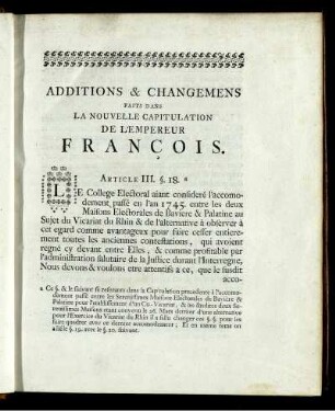 Additions & changemens faits dans la nouvelle capitulation de l'empereur francois.