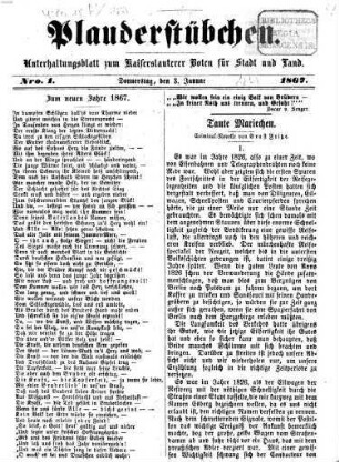 Plauderstübchen : Unterhaltungsblatt zum Kaiserslauterer Boten für Stadt und Land, 1867
