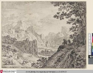 [Ansicht des Rheintals mit Bauern im Gespräch auf einem Hügel; Les paysans en conversation au haut de la colline; View of the Rhine]