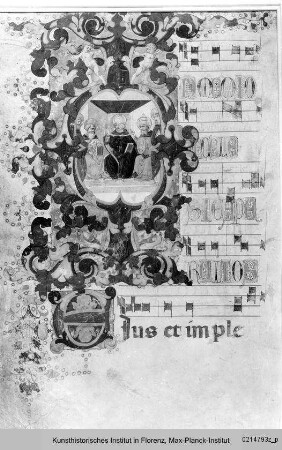 Frontispiz mit in die Randbordüre eingeschlossener Miniatur einer Versammlung von Heiligen sowie vierzeiligen Neumen und ornamentierter Initiale - Commune di Santi