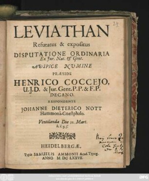 Leviathan Refutatus & expositus Disputatione Ordinaria Ex Iur. Nat. & Gent.