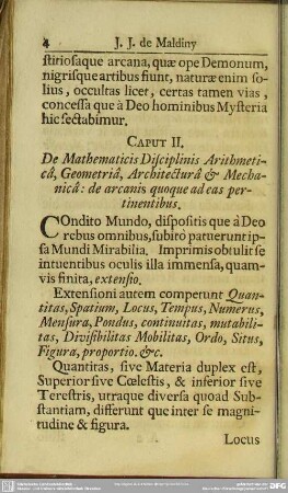 Caput II. De Mathematicis Disciplinis Arithmetica, Geometria, Architectura & Mechanica: de arcanis quoque ad eas pertinentibus