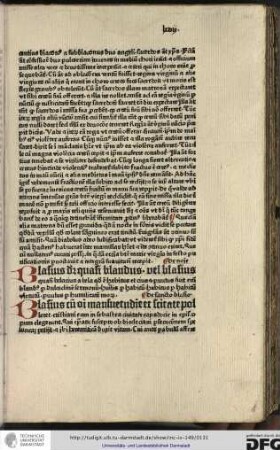 De nomine. Blasius dicitur quasi blandus vel Blasius quasi belacius a bela quod est habitus et cius et parvulus...
