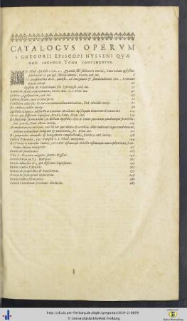 Catalogus Operum S. Gregorii Episcopi Nysseni Quae Hoc Secundo Tomo Continentur.