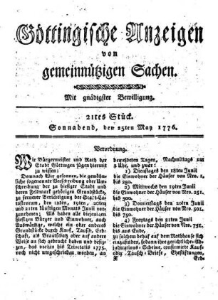 21tes Stück. Sonnabend, den 25ten May 1776.