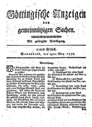 21tes Stück. Sonnabend, den 25ten May 1776.