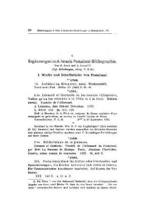 Ergänzungen zu A. Israels Pestalozzi-Bibliographie