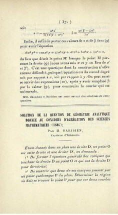 Solution de la question de géométrie analytique donnée au concours d'agrégation des sciences mathématiques (1886).