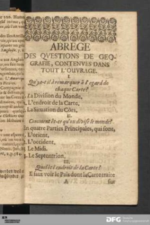 Abrege Des Qvestions De Geografie, Contenves Dans Tout L'Ouvrage.