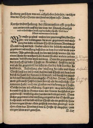 III. Kurtze widerholung der fürnemsten offt gegebenen antworten auff die lere von der Allenthalbenheit und mündlichen niessung des leibs Christi/ Und derselben vermeinten beweiß.