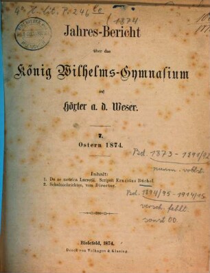 Jahres-Bericht des Wilhelms-Gymnasiums zu Höxter a.d. Weser. 1874