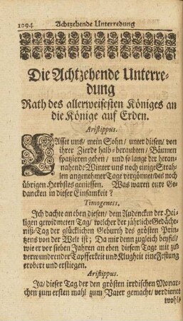 Die Achtzehende Unterredung Rath des allerweisesten Königes an die Könige auf Erden.