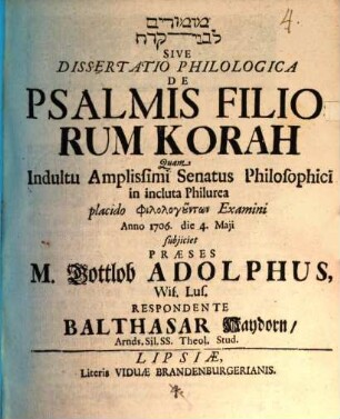Mizmôrîm li-Venê Qoraḥ sive dissertatio philologica de psalmis filiorum Korah