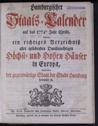 1774: Hamburgischer Staats-Kalender : auf das Jahr
