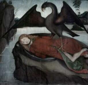Der Leichnam des heiligen Florian auf einer Insel in der Enns von einem Adler bewacht