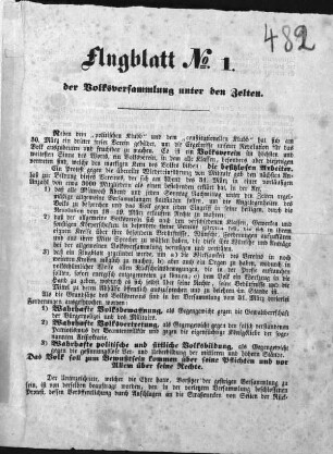 Flugblatt N[umer]o 1. der Volksversammlung unter den Zelten. (Sammlung Friedlaender)