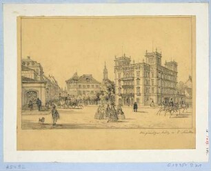 Das Victoria-Hotel (1852 eröffnet, 1892 für Victoriahaus abgerissen) zwischen Friedrichsring, Prager Straße und Waisenhausstraße in Dresden von Südwesten