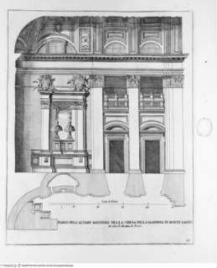 Disegni di vari altari e cappelle nelle chiese di Roma con le loro facciate fianchi piante e misure de più celebri architetti, Tafel 31: S. Maria di Montesanto, Hauptaltar, Längsschnitt, Grundrisshälfte