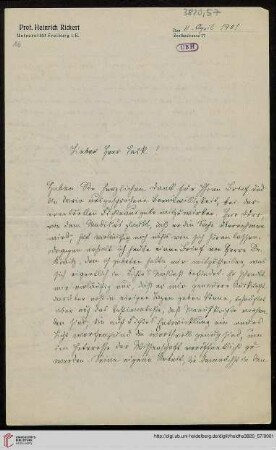 Heid. Hs. 3820,57: Brief von Heinrich Rickert an Emil Lask