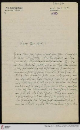 Heid. Hs. 3820,57: Brief von Heinrich Rickert an Emil Lask