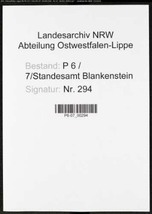 Sterberegister Standesamt Blankenstein/Ruhr
