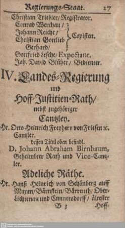 IV. Landes-Regierung und Hoff-Justitien-Rath : nebst zugehöriger Cantzley