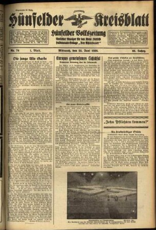 Erste Ausgabe vom Mittwoch, den 22. Juni 1938.