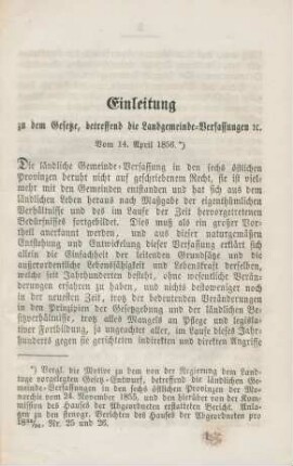 Einleitung zu dem Gesetze, betreffend die Landgemeinde-Verfassungen etc. Vom 14. April 1856.