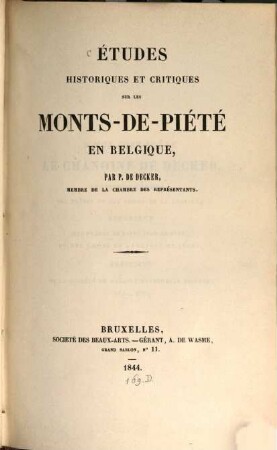 Etudes historiques et critiques sur les Monts-de-Piété en Belgique