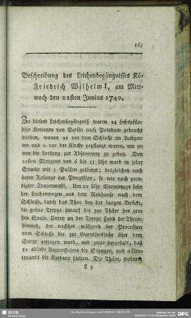 Beschreibung des Leichenbegängnisses Kö[nig] Friedrich Wilhelm I, am Mittwoch den 22sten Junius 1740.