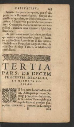 Tertia Pars, De Decem Praeceptis Decalogi, Et Quinque Ecclesiae.