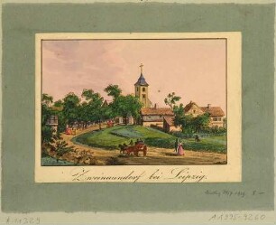 Ortsansicht von Zweinaundorf (Leipzig-Zweinaundorf) südöstlich von Leipzig mit der Kirche und Staffage, Ausschnitt aus Wagners Bilderbogen bei Lenz um 1830