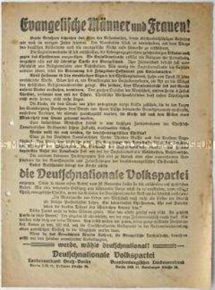 Aufruf der Deutschnationalen Volkspartei in Groß-Berlin und Brandenburg an die evangelischen Frauen und Männer zum Beitritt und zur Wahl der Nationalversammlung 1919