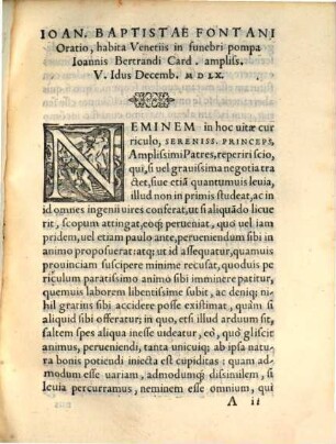 Ioan. Baptistae Fontani Oratio, habita Venetiis in funebri pompa Io. Bertrandi Card. Ampliss. : V. Idus Decembris 1560