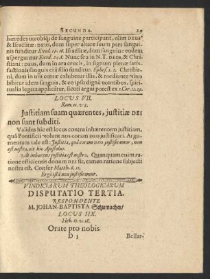 Vindiciarum Theologicarum Disputatio Tertia. Johan-Baptista Schumacher/ ...