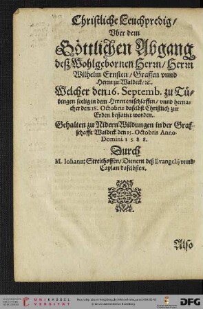 M. Joh. Streithofer: Leichenpredigt auf Wilhelm Ernst, Graf von Waldeck
