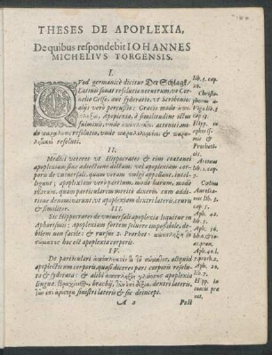 Theses De Apoplexia, De quibus respondebit Iohannes Michelius Torgensis.
