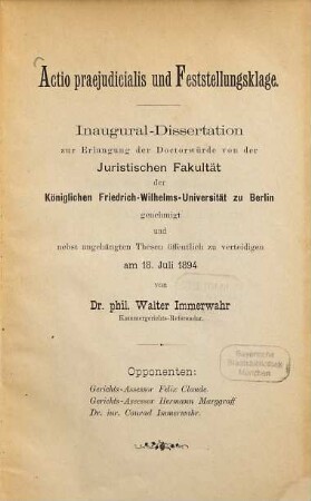 Actio praejudicialis und Feststellungsklage