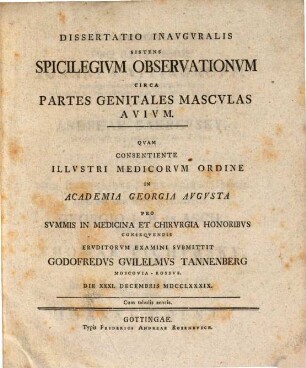 Diss. inaug. sistens spicilegium observationum circa partes genitales masculas avium : cum 3 tab. aen.