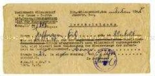 Bescheinigung über den Wiederzuzug nach Berlin nach der Rückkehr aus der Kriegsgefangenschaft