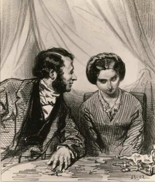 Gavarni, Paul: Masques et visages. Les maris me font toujours rire (13). Comme tu mens mal, mon chèri! Lithografie; 19,1 x 16 cm. 1852/1853