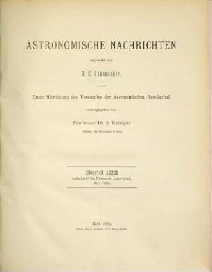 Astronomische Nachrichten : = Astronomical notes. 122. 1889