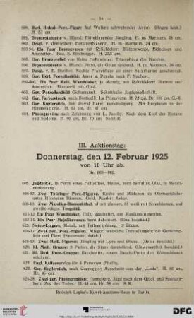 III. Auktionstag: Donnerstag, den 12. Februar 1925 von 10 Uhr ab (Nr. 605-902)