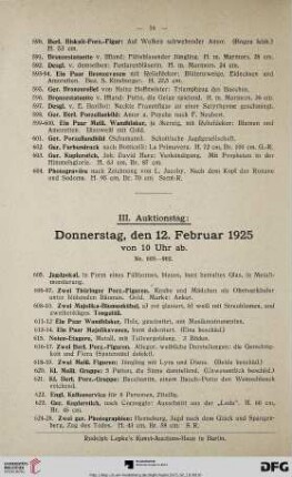 III. Auktionstag: Donnerstag, den 12. Februar 1925 von 10 Uhr ab (Nr. 605-902)