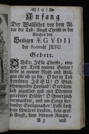 Anfang der Wallfahrt vor dem Altar der Tod-Angst Christi in der Kirchen des Heiligen Aegydii der Societät Jesu. - So die Wallfahrt bey dem Gnaden-Bild Mariæ-Hilf anfanget.