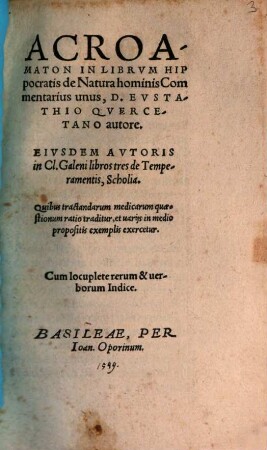 Acroamaton in librum Hippocratis de natura hominis commentarius unus